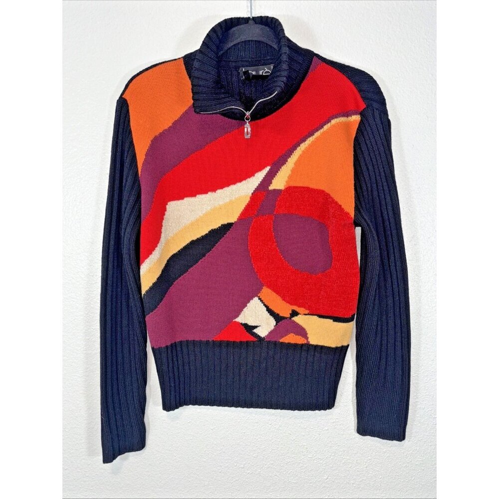 Laurel Italian Made Abstract Artsy Wool Blend Sweater Zip Neckline Women's 38